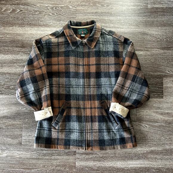 Vintage J.Crew Made in USA Wool Plaid Zip Jacket Brown Gray Check L Workwear EUC - Picture 15 of 16